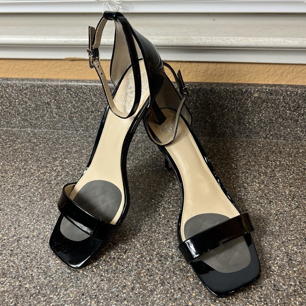 Vince Camuto Womens 11M Black Patent Leather Stiletto Heels Ankle Strap Open Toe